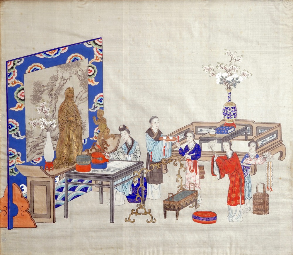 A Chinese painting on textile depicting an altar scene, 19th C.
