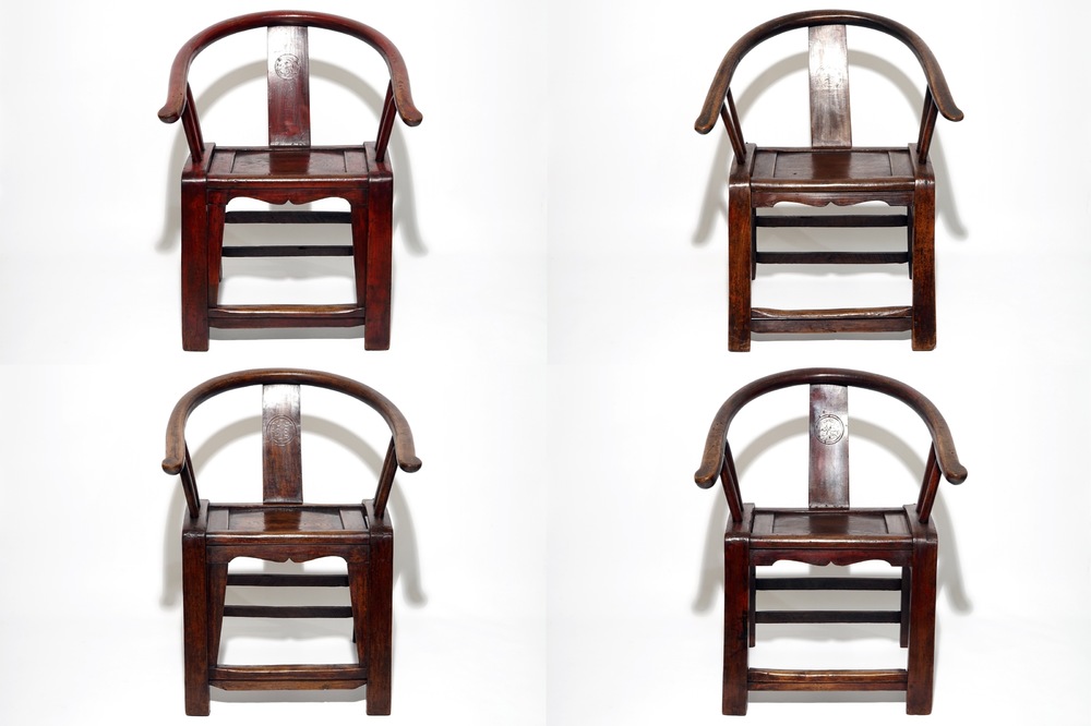 Four Chinese wood yoke-back chairs, 19/20th C.