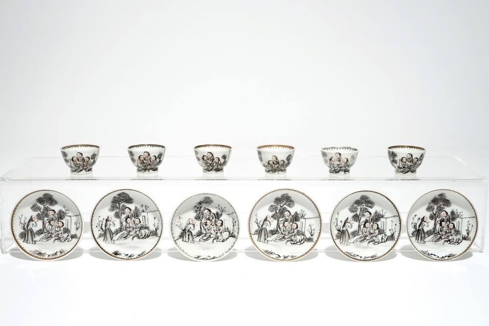 Six Chinese miniature grisaille cups and saucers with Jesuits, Qianlong
