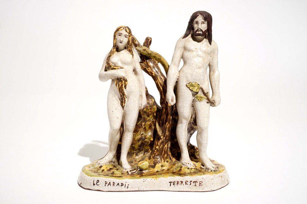 A French faience group depicting Adam and Eve, Dinan, 19th C.