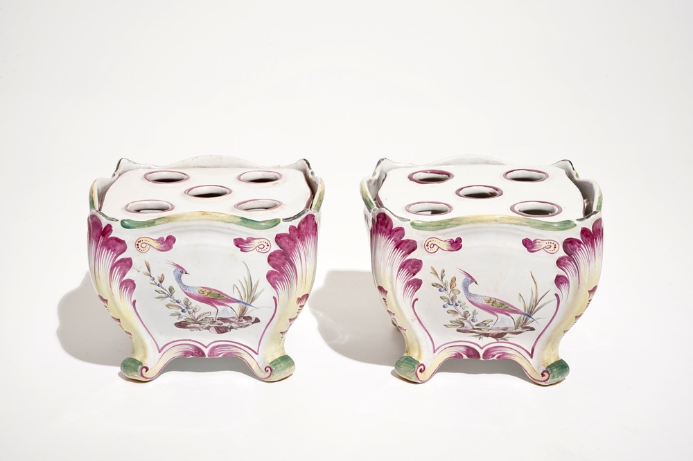 A pair of square French faience flower holders, Luneville, 19th C.