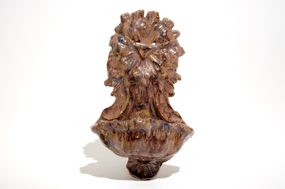 A faux-marble Bruges faience holy water font, Pulinx workshop, 18th C.