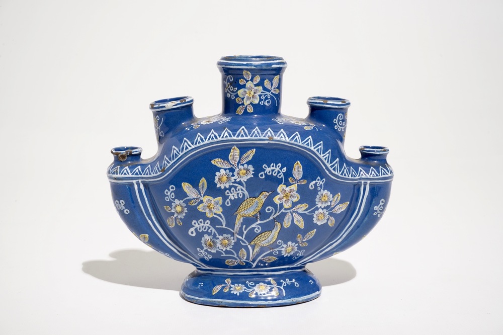 A French faience "bleu persan" ground flower vase, Nevers, 17/18th C.