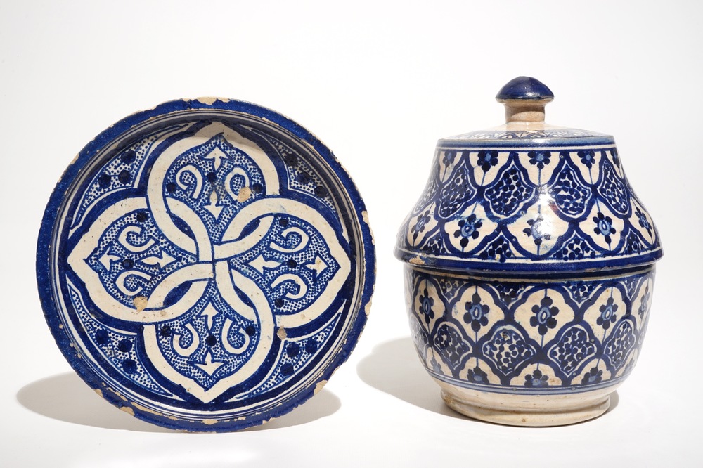A blue and white Islamic pottery covered bowl and a dish, Northern Africa, Tunisia or Morocco, 19th C.