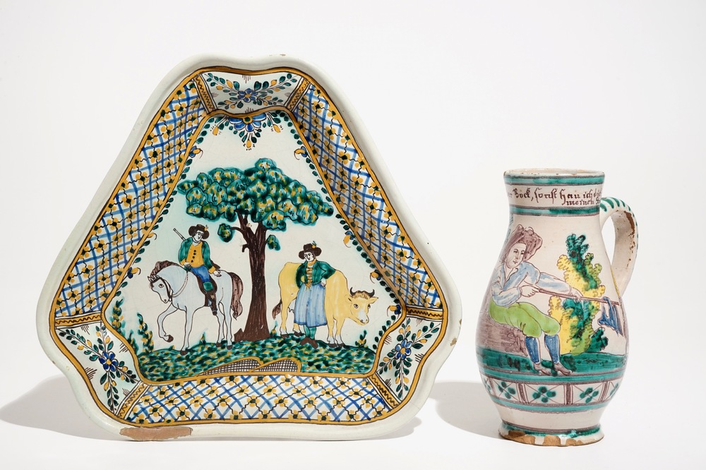 A Gm&uuml;nden faience jug, Austria, 18th C. and a triangular Ferdi&scaron; Kostka dish, Slovakia, ca. 1900