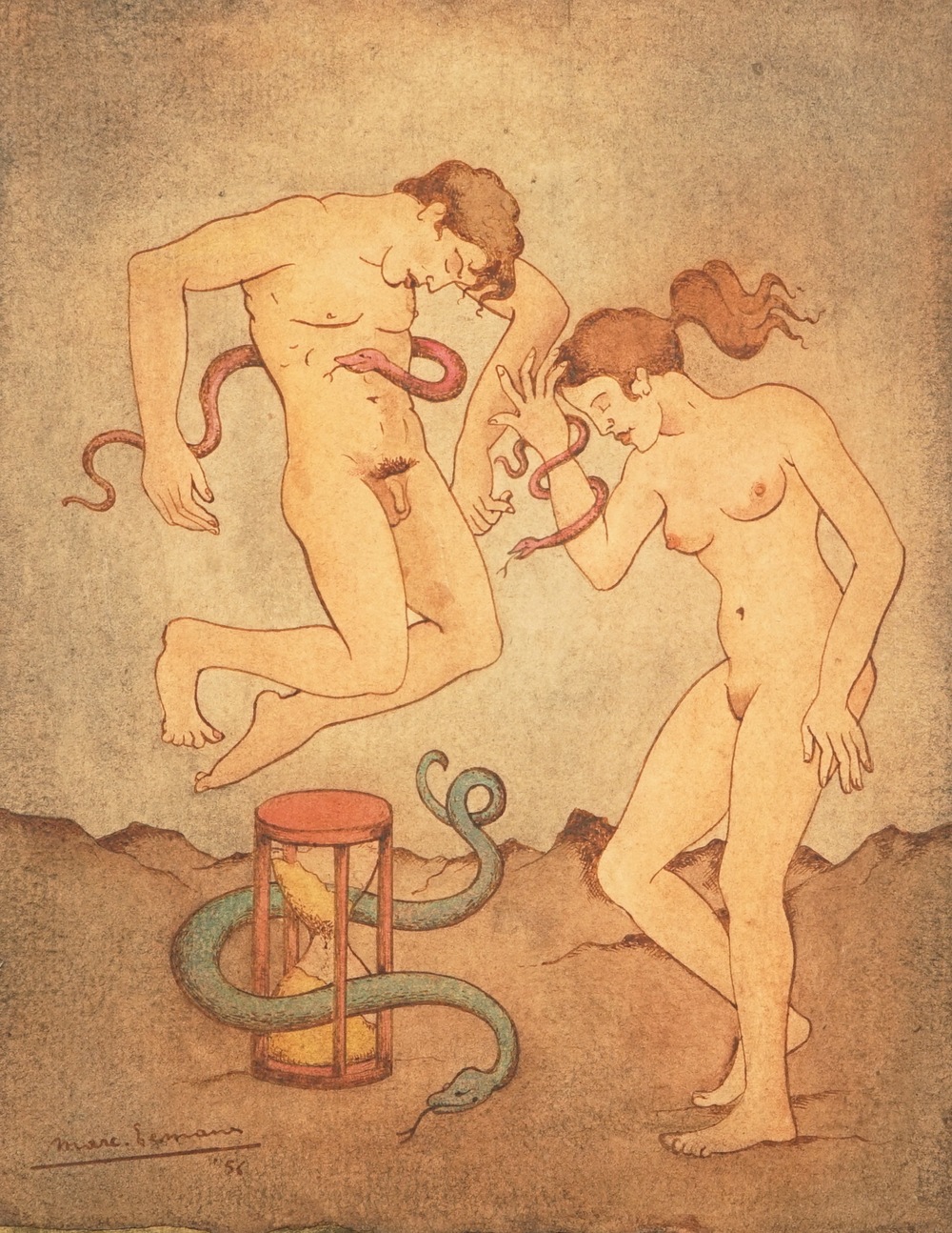 Eemans, Marc (Belgi&euml;, 1907-1998), Adam en Eva, olie op papier, gedat. 1956