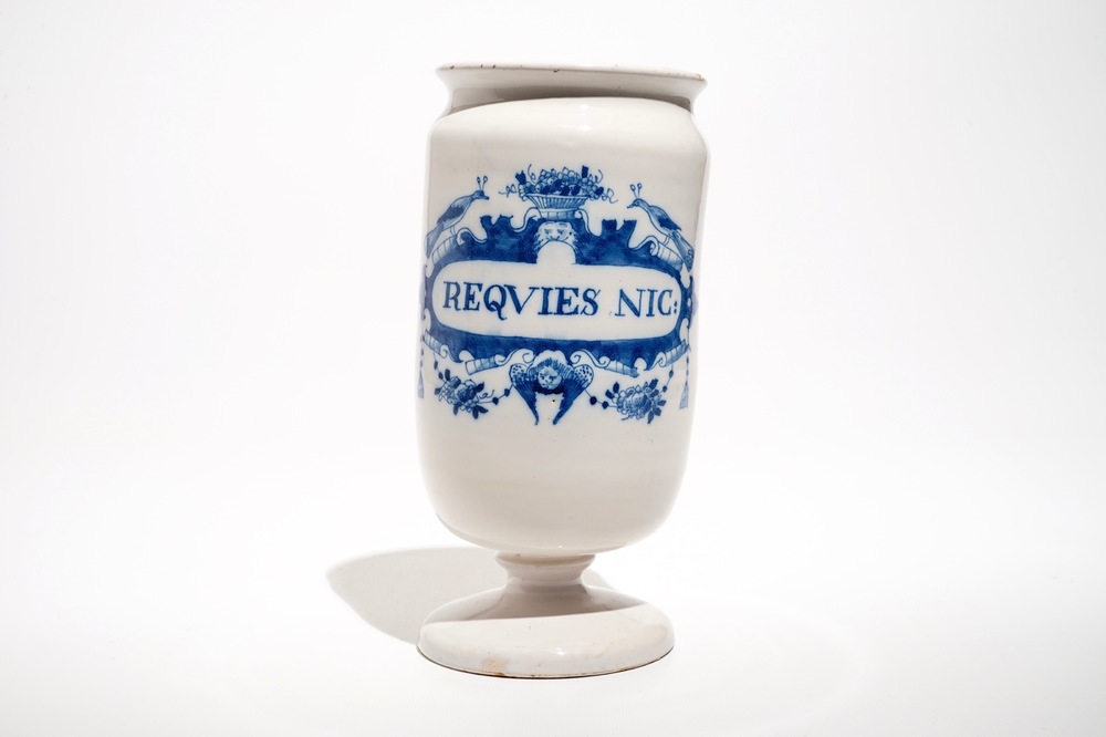 An unusual Dutch Delft blue and white drug jar on foot, 18th C.