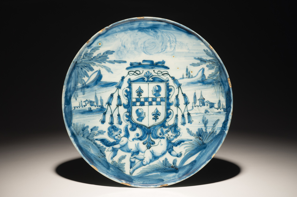 A blue and white Italian armorial tazza, Savona, 17/18th C.