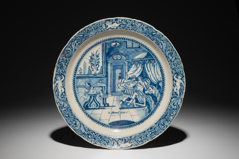 A Dutch Delft blue and white biblical "Amnon and Tamar" dish, dated 1716