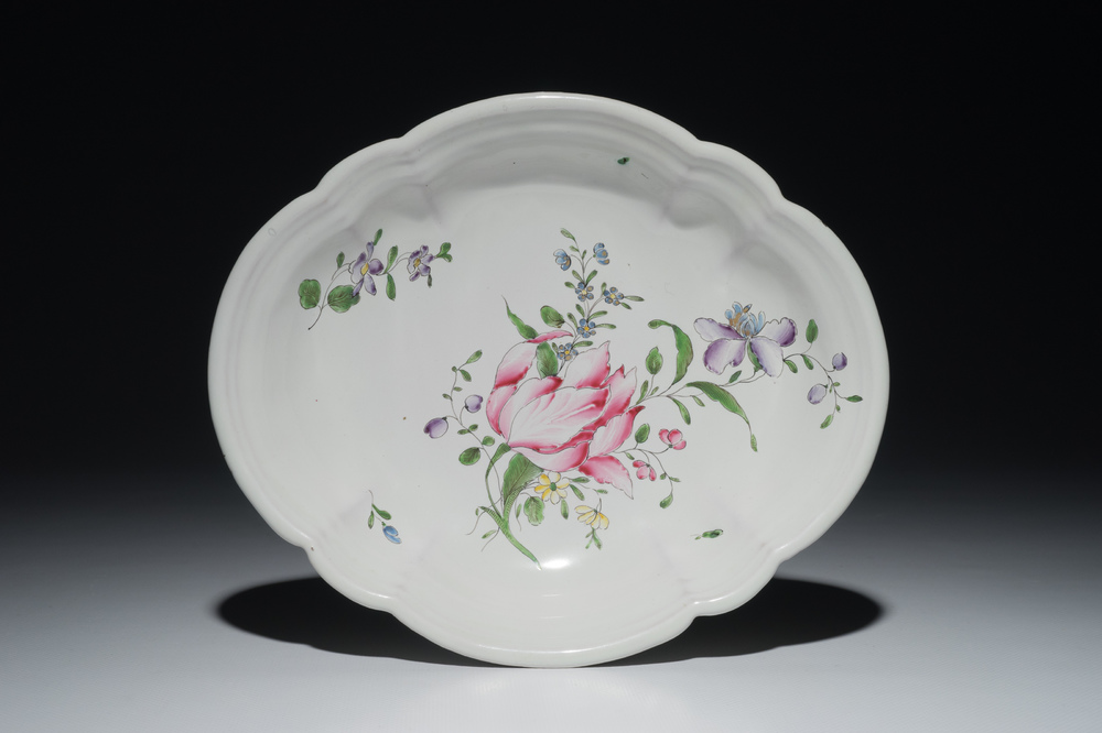 A French faience oval dish with floral design, Joseph Hannong, Strasbourg, 18th C.