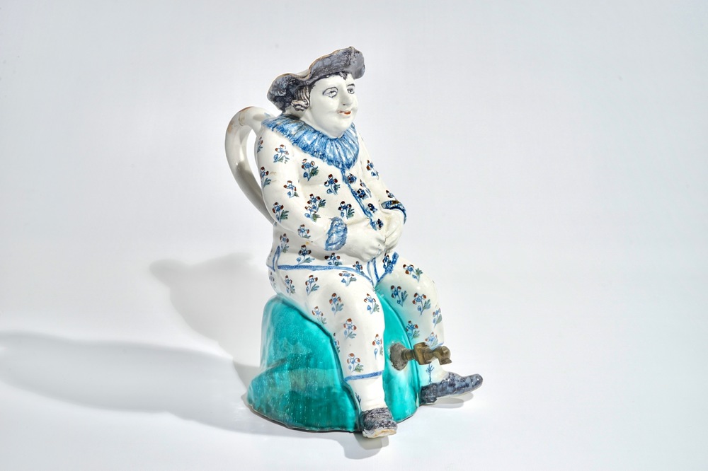 A large polychrome Brussels faience "Jacquot" jug, 18th C.