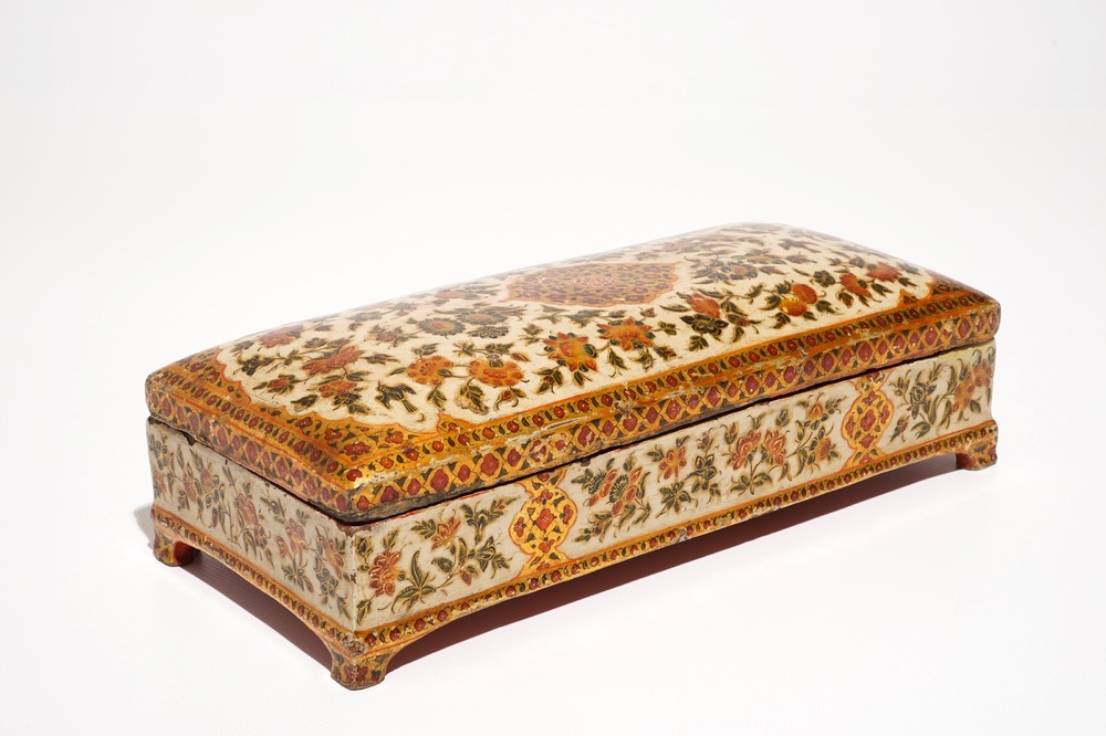 A rectangular laquered papier mache qalamdan or pen holder, Qajar, Iran, 19th C.