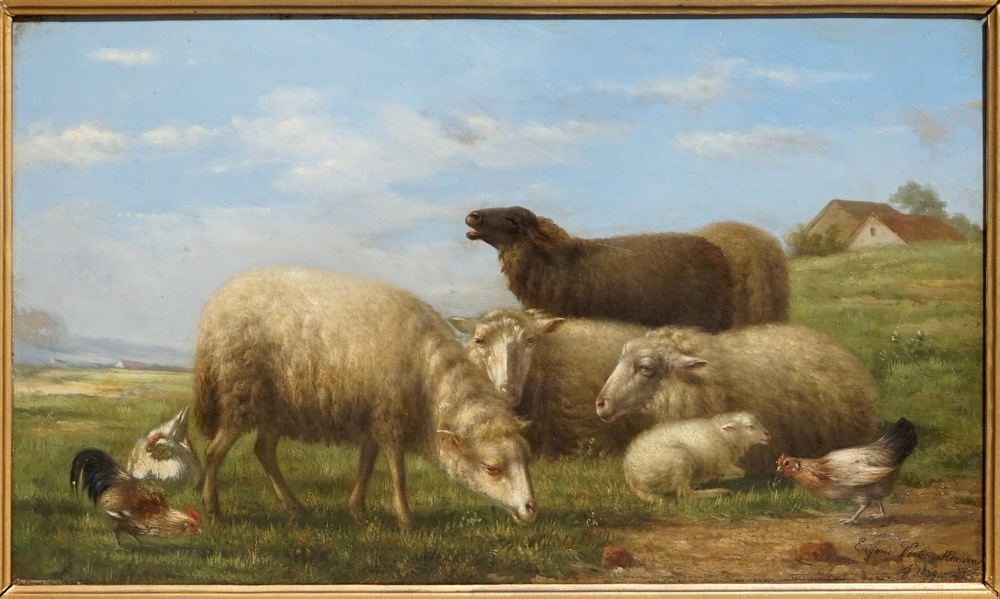 In de stijl van Verboeckhoven, Eug&egrave;ne (Belgi&euml;, 1798-1881), Landschap met schapen, gedat. 1879, olie op paneel