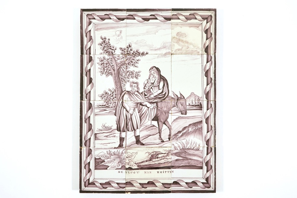 A Dutch Delft manganese tile panel depicting "The flight into Egypt", prob. Utrecht, 1st half 19th C.