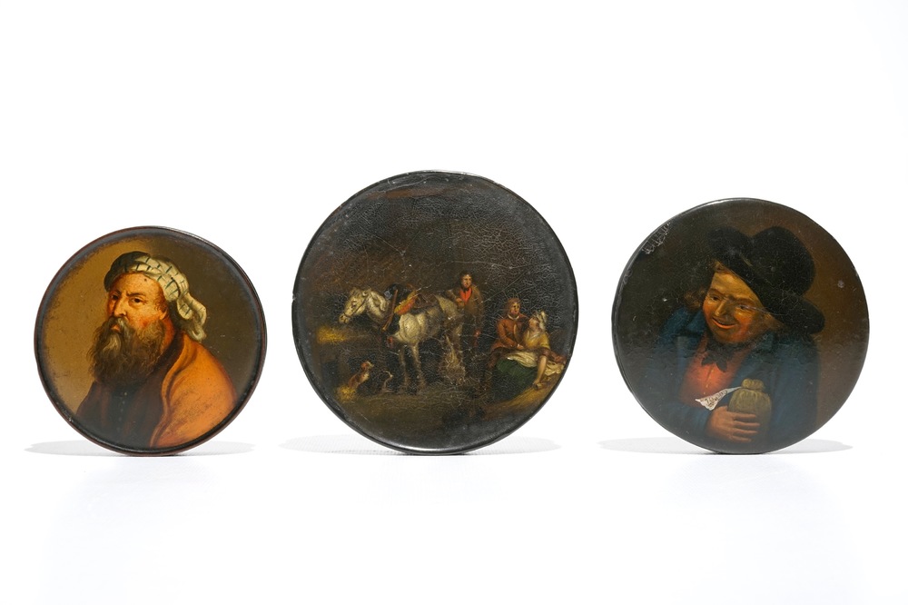 Three painted laquered papier mache snuff boxes, prob. Germany, 19th C.