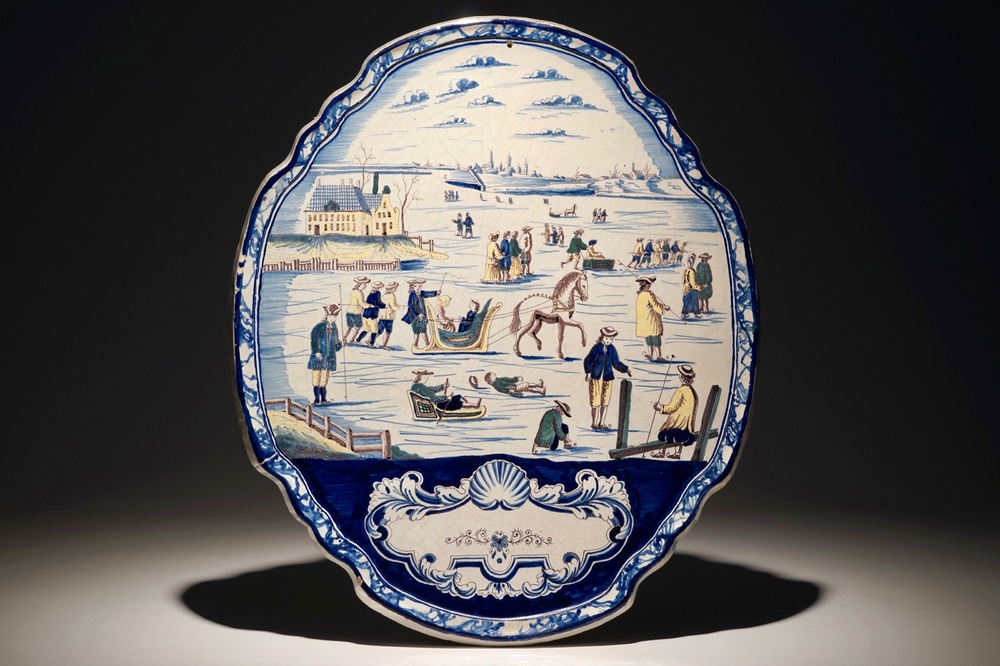 A massive polychrome Dutch Delft ice-skating plaque, Makkum, 19th C.