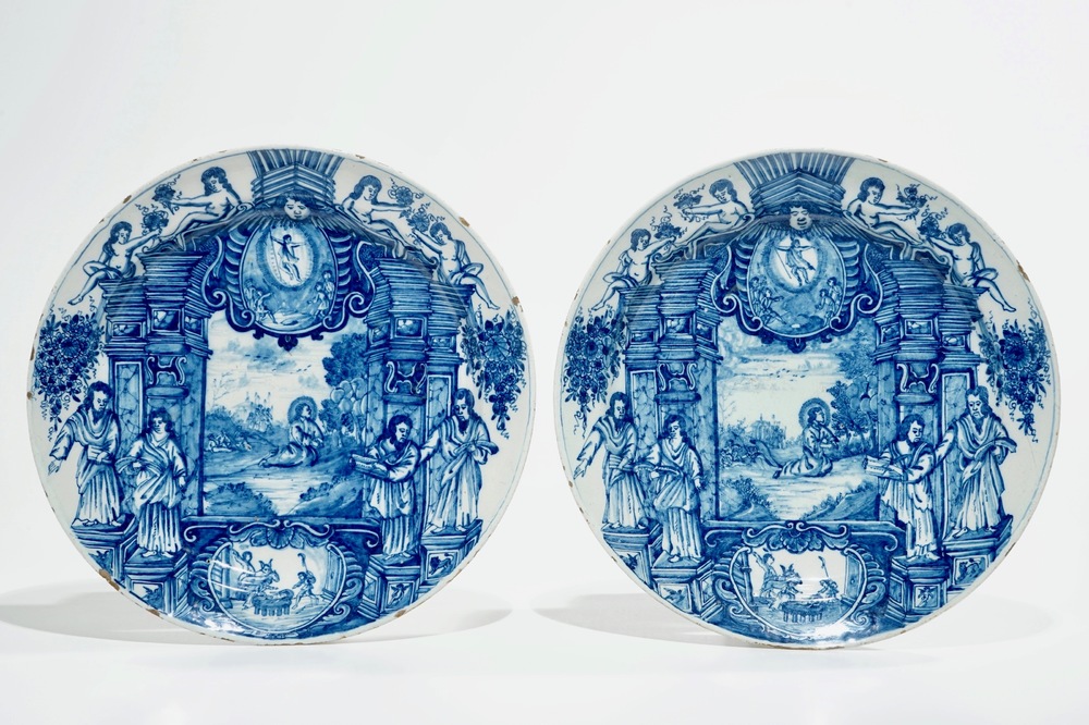 A pair of Dutch Delft blue and white biblical dishes, 1st half 18th C.