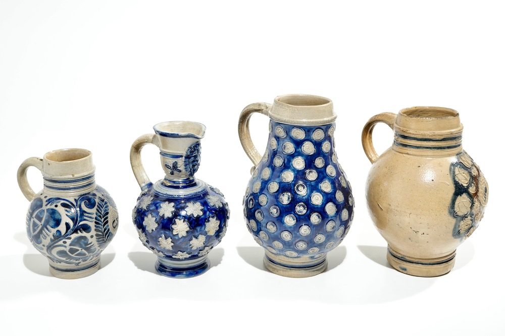 Four Westerwald stoneware jugs, Germany, 17th C.