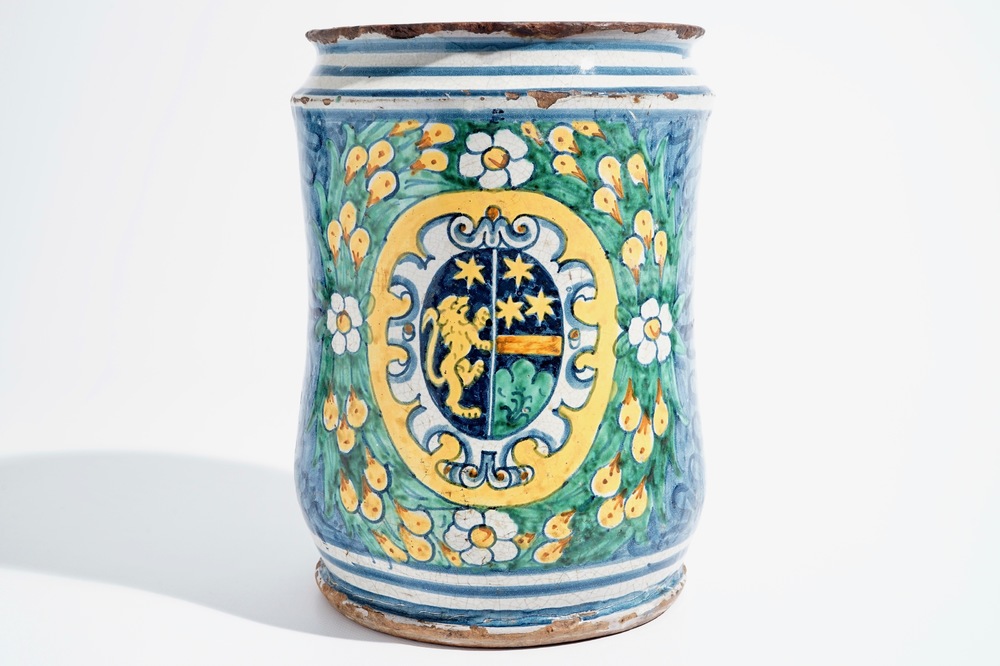 A very large armorial Italian maiolica albarello, Deruta, 17th C.