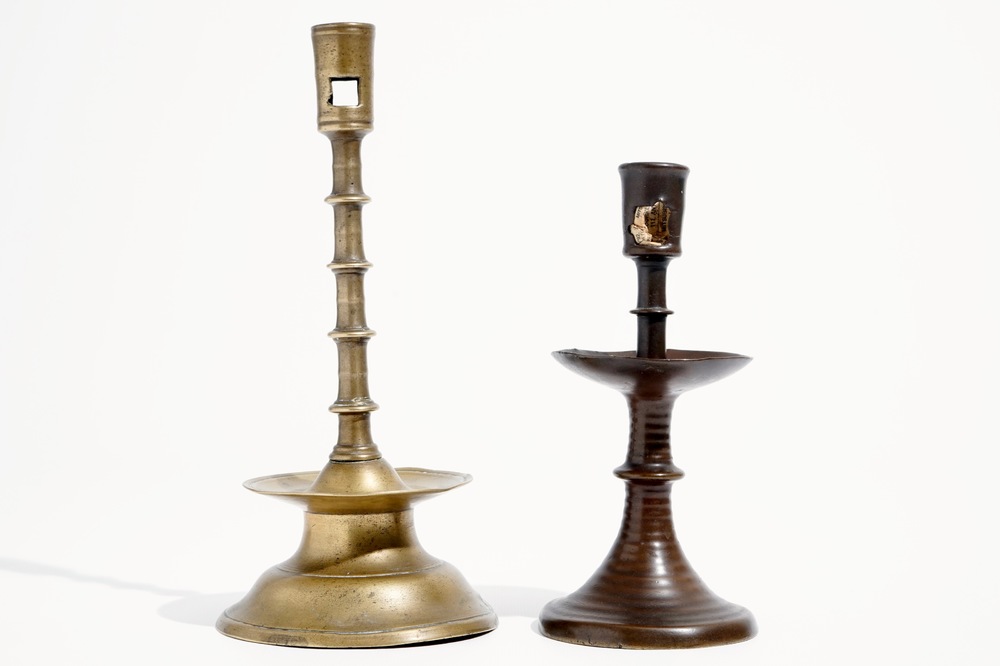 Two gothic bronze candlesticks, Low Countries, 15/16th C.