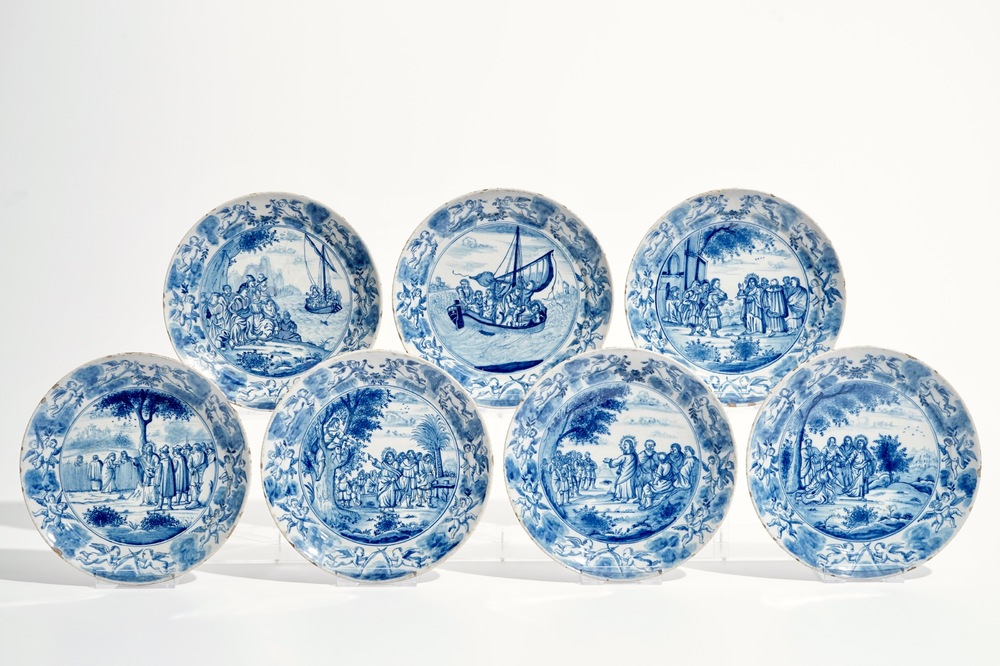 Seven fine Dutch Delft blue and white biblical plates, 18th C.