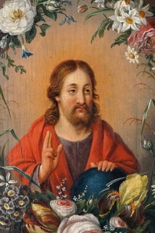 Daniel Seghers (Antwerp, 1590-1661), attributed, Christ Salvator Mundi with a floral garland, oil on panel