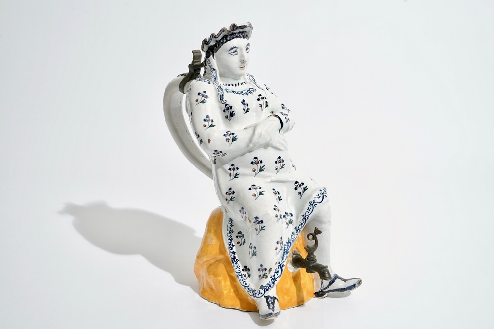 A large polychrome pewter-mounted Brussels faience "Jacqueline" jug, 18th C.
