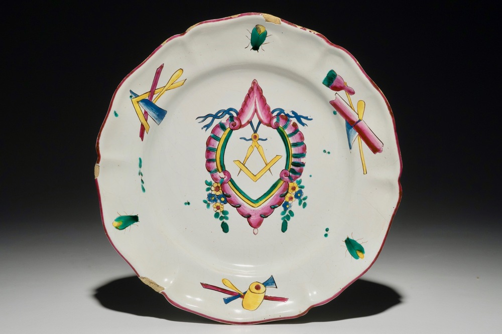 A rare French faience masonic dish, poss. Ferrat, Moustiers, or Nevers, 18th C.