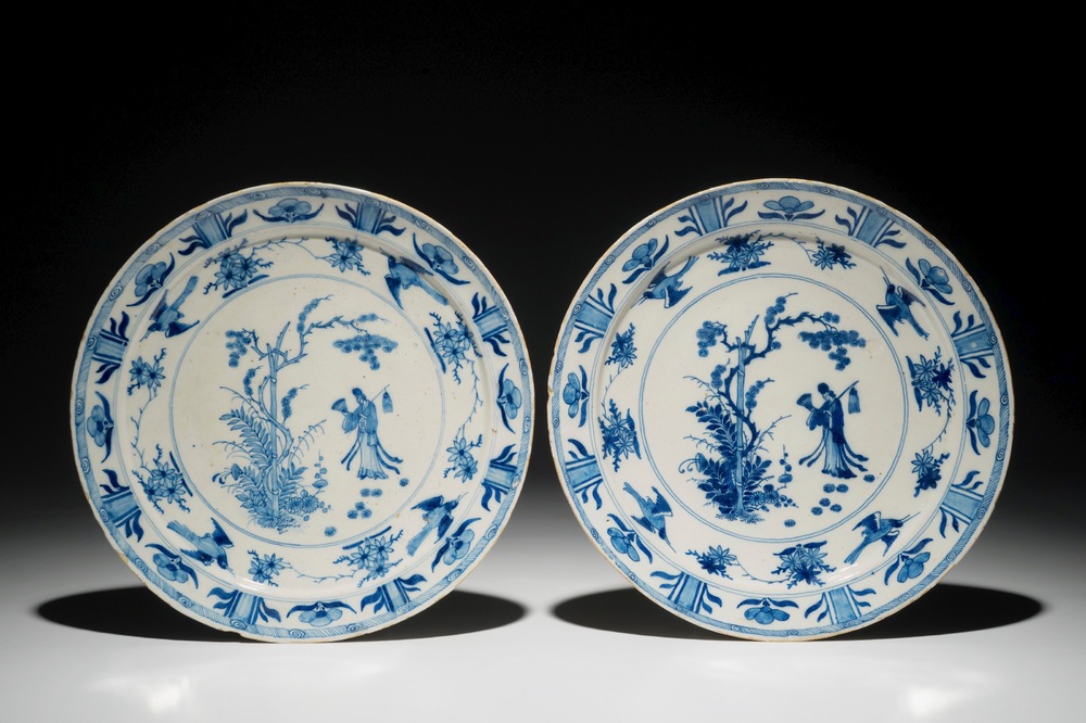 A pair of Dutch Delft blue and white chinoiserie plates, 18th C.