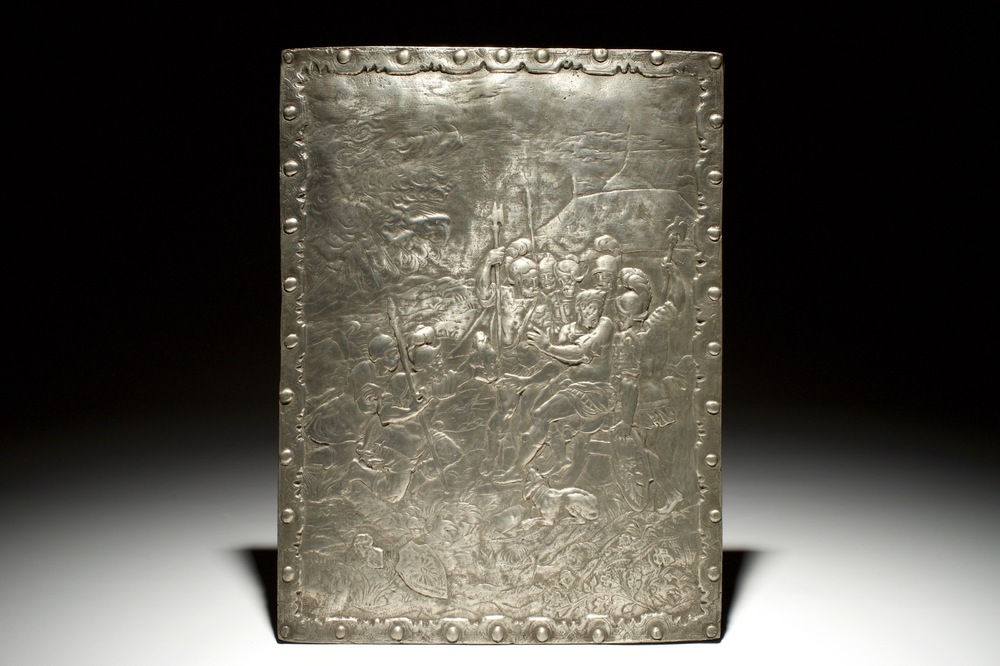 An engraved steel bas-relief plaque depicting "Caesar with the Head of Pompeius", poss. Nurnberg, Germany, 17th C.