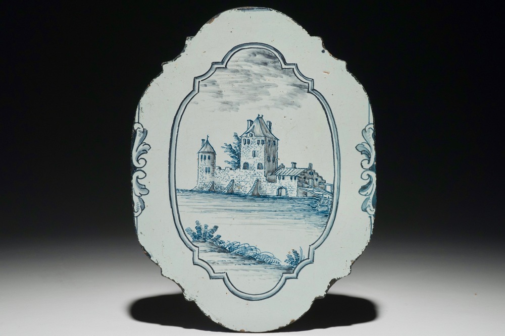 A French faience blue and white topographical plaque, poss. Moustiers, 18/19th C.