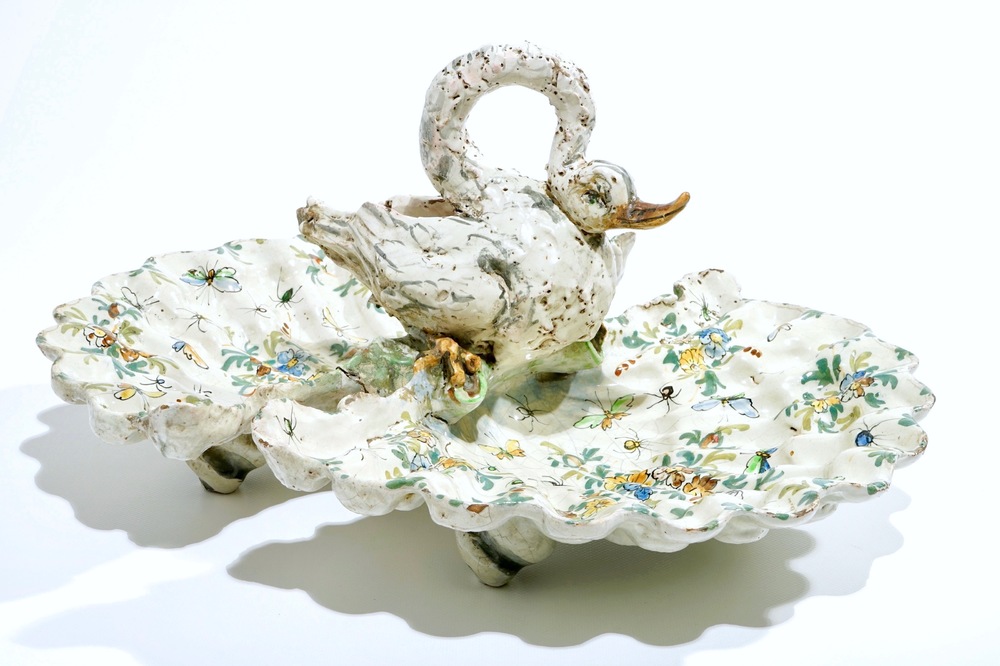 A large faience centerpiece with a swan, prob. Nove di Bassano, Italy, 18/19th C.