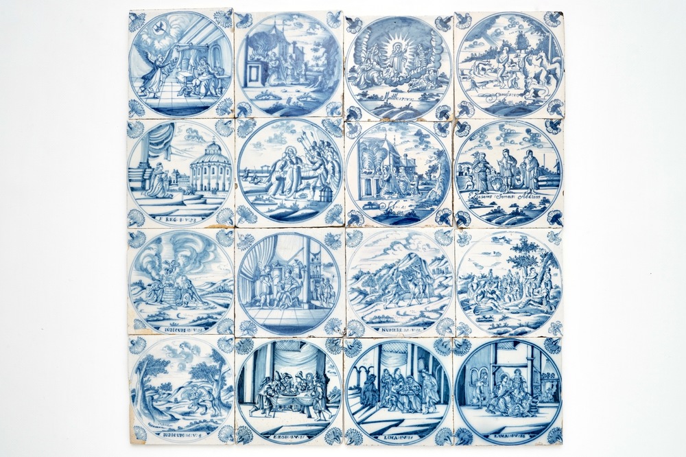 A field of 16 Dutch Delft blue and white biblical tiles with carnation corners, 18th C.