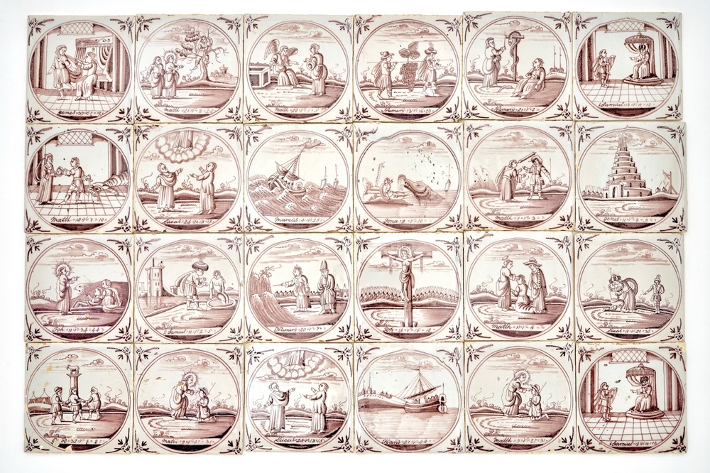 Un ensemble de 124 carreaux en fa&iuml;ence de Delft mangan&egrave;se aux sujets religieux, 18&egrave;me