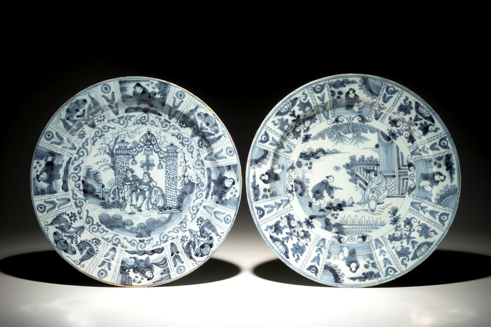 Two Dutch Delft blue and white chinoiserie Wanli style dishes with figures, 2nd half 17th C.