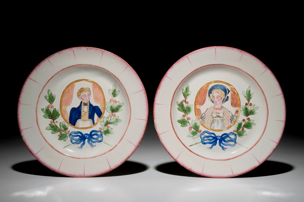 Une paire d'assiettes aux portraits en fa&iuml;ence de l'est, prob. Les Islettes, 18/19&egrave;me