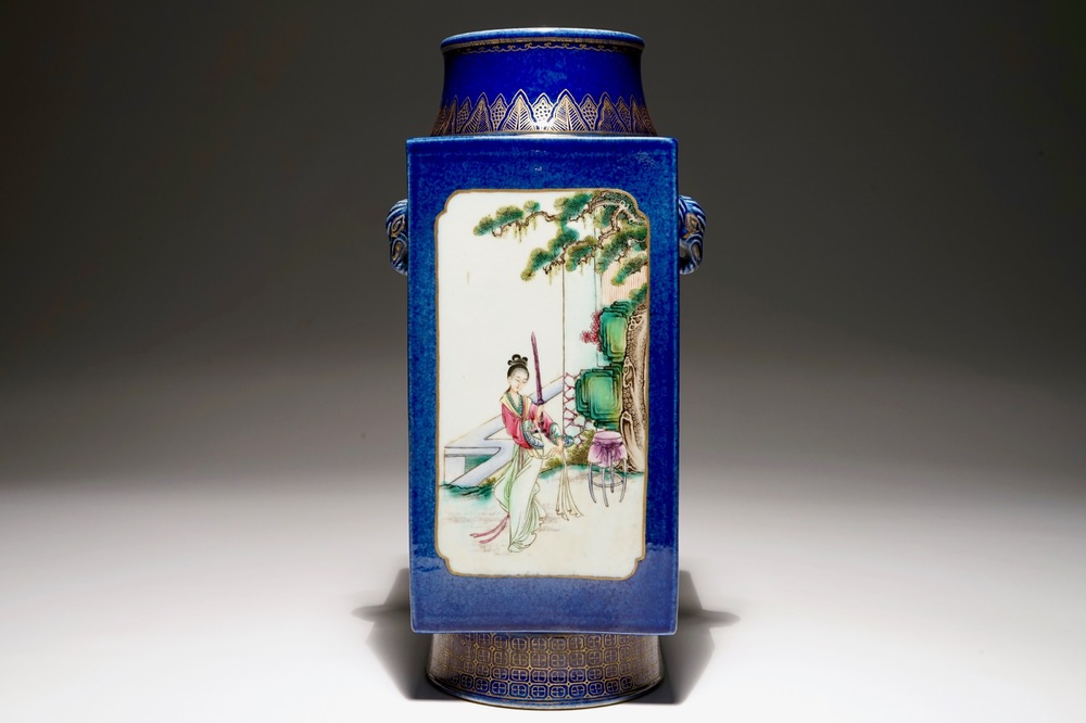 A Chinese famille rose on powder blue ground cong vase, 19th C.