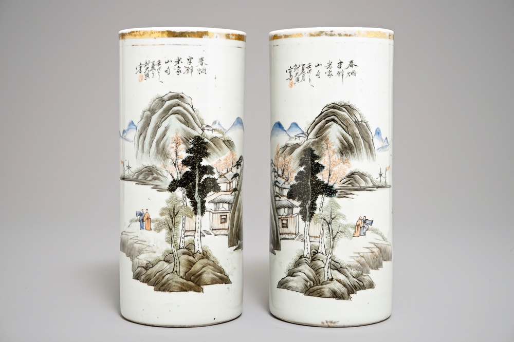 A pair of Chinese hat stands with landscapes, 1st half 20th C.