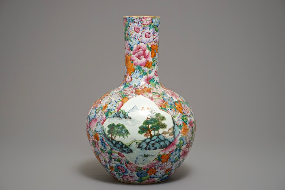 A large Chinese famille rose millefleurs tianqiu ping vase, Qianlong mark, 19/20th C.
