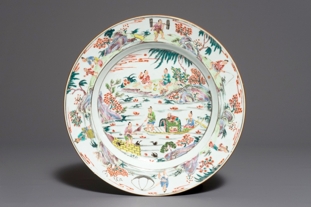 A fine Chinese famille rose dish with figures on a river, Yongzheng/Qianlong