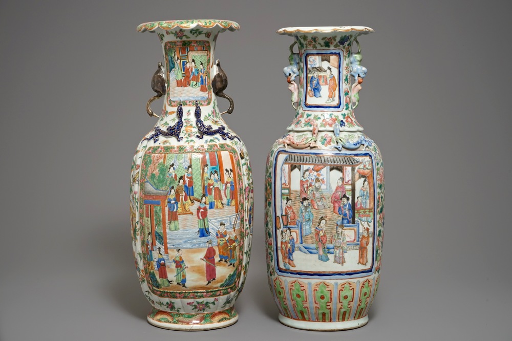 Two large Chinese famille rose vases with figurative design, 19th C.