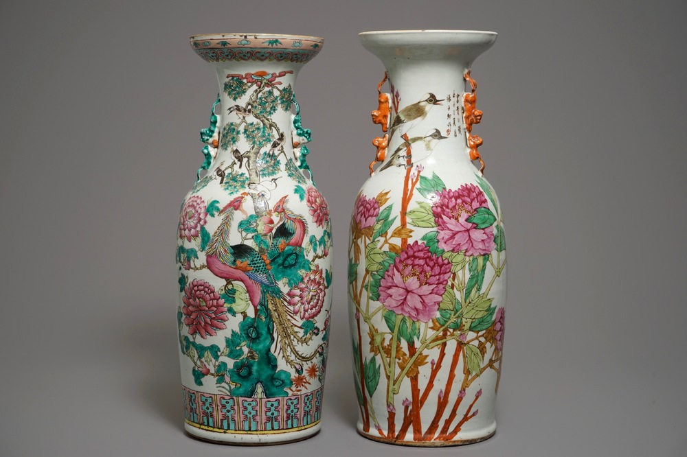 Two Chinese famille rose and qianjiang cai vases with birds, 19th C.
