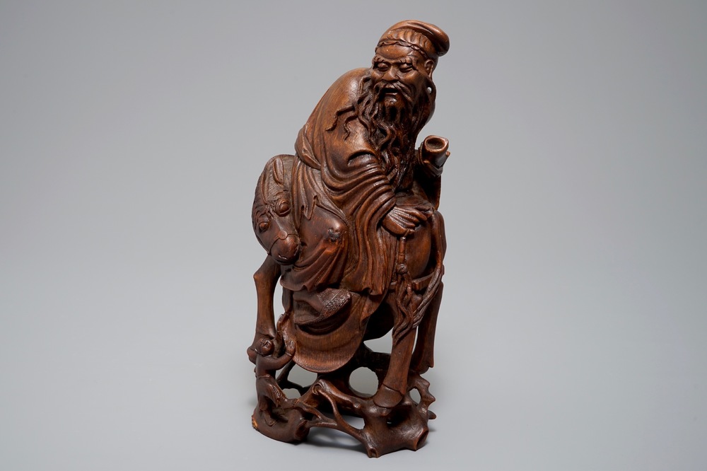 A large Chinese bamboo figure of a sage on horseback, Qing
