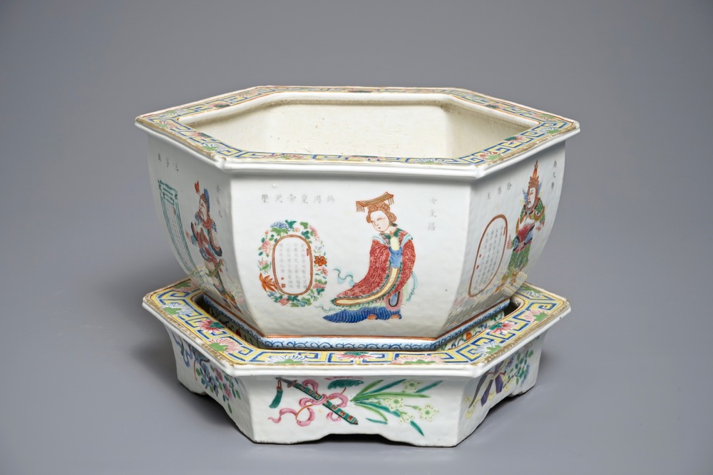 A Chinese famille rose Wu Shuang Pu jardini&egrave;re on stand, 19th C.