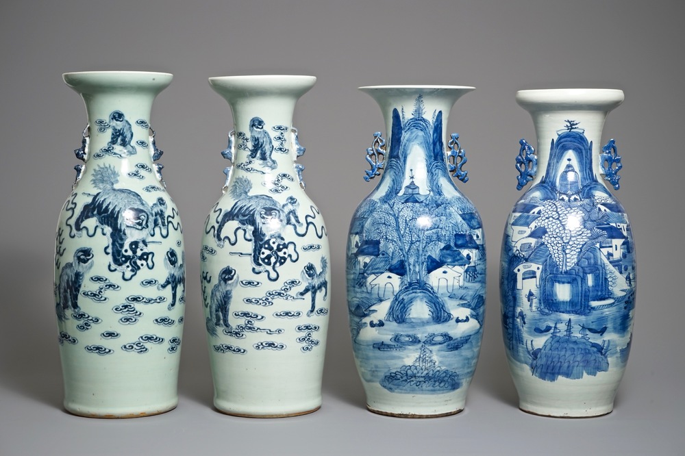 Four Chinese blue and white celadon-ground vases with Buddhist lions and landscapes, 19/20th C.