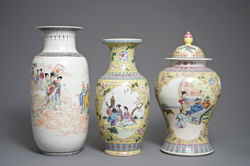 Three Chinese famille rose vases, Republic, 20th C.
