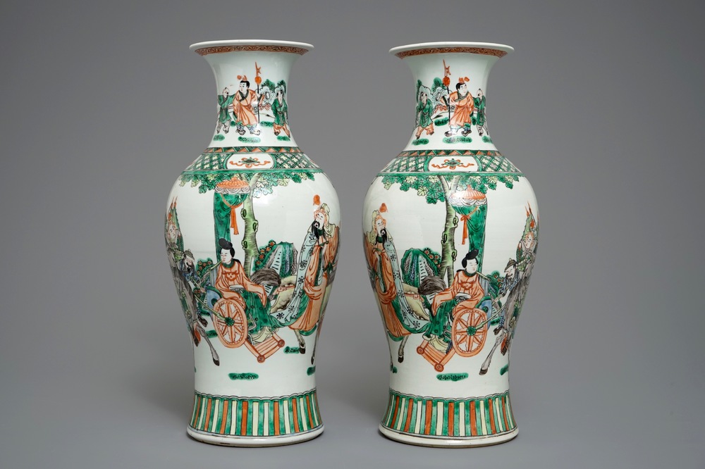 A pair of Chinese famille verte warrior vases, 19/20th C.