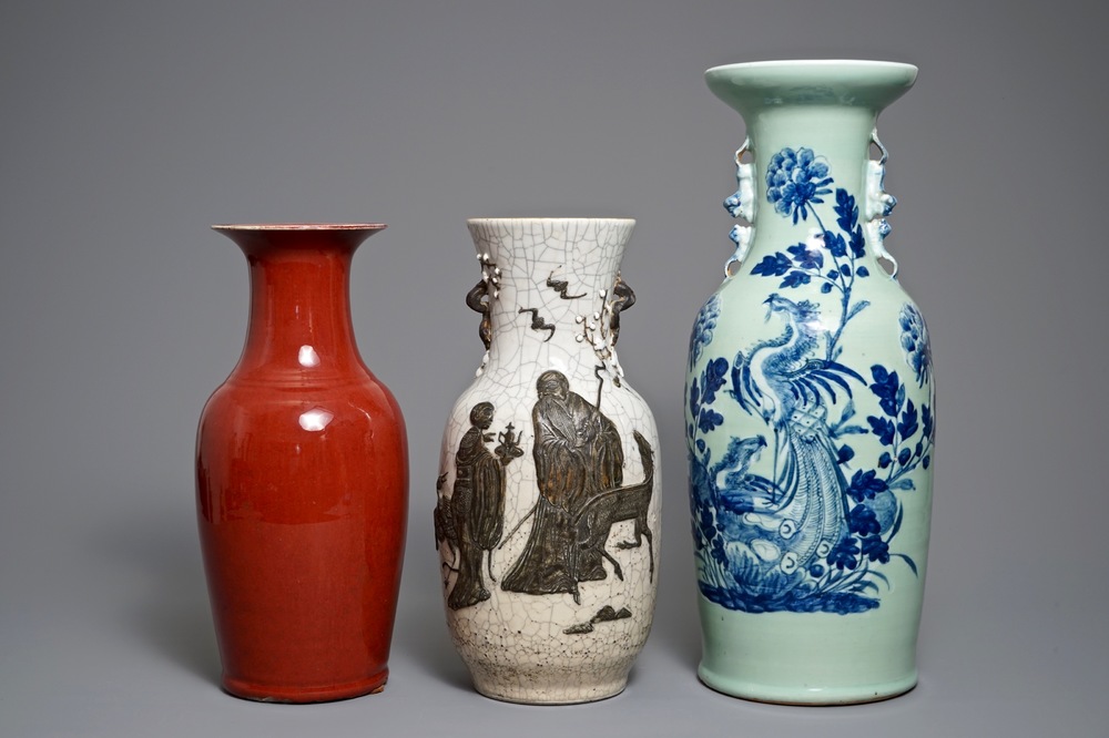 Three Chinese oxblood-glazed, crackled and celadon-ground vases, 19th C.