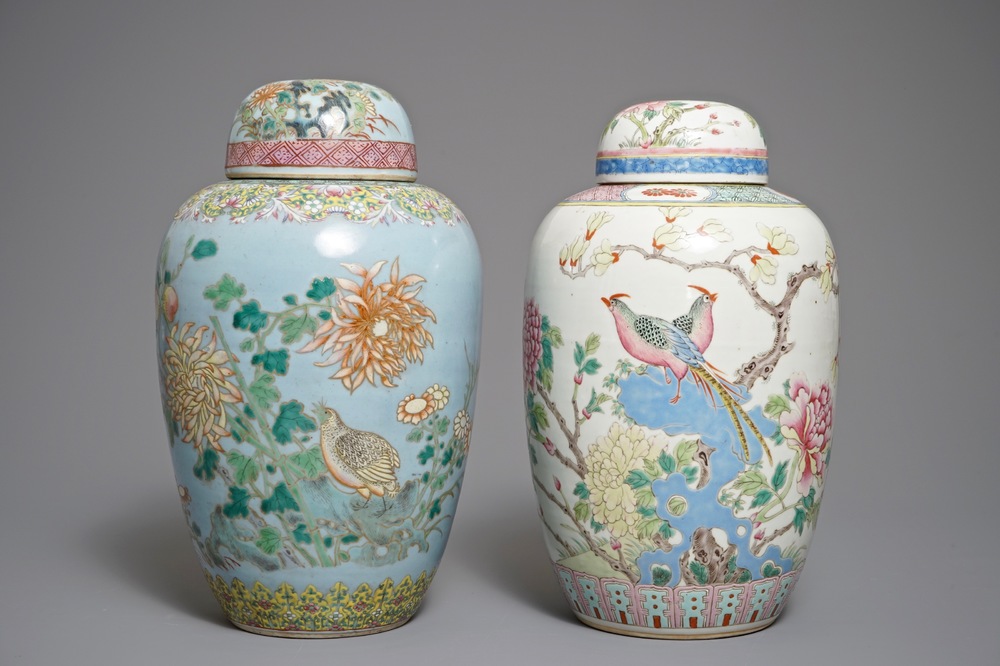 Two large Chinese famille rose olive-shaped ginger jars of floral design, 19th C.