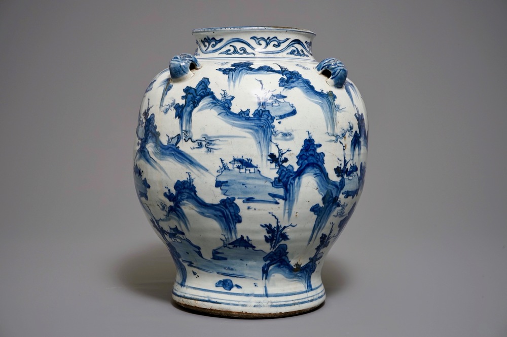 A large Chinese blue and white baluster vase with mountainous landscapes, Ming